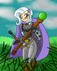 Size: 800x1000 | Tagged: safe, artist:slayer-dumps, trixie, human, g4, armor, blushing, female, humanized, solo, staff, sword