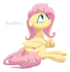 Size: 509x529 | Tagged: safe, artist:kaermter, fluttershy, pegasus, pony, g4, female, floppy ears, folded wings, hooves, lineless, looking away, looking up, mare, on side, prone, simple background, smiling, solo, transparent background, wings