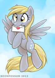 Size: 707x1000 | Tagged: safe, artist:neonpossum, derpy hooves, pegasus, pony, g4, female, letter, mare, mouth hold, solo