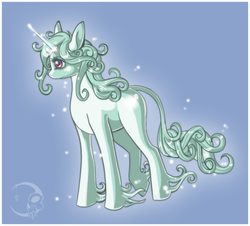 Size: 900x815 | Tagged: safe, artist:ikacte, pony, unicorn, 2012, amalthea, female, horn, lady amalthea, leonine tail, light blue background, long fetlocks, mare, ponified, raised hoof, simple background, solo, sparkles, tail, the last unicorn