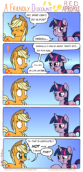 Size: 1890x3895 | Tagged: safe, artist:redapropos, applejack, twilight sparkle, earth pony, pony, unicorn, g4, bedroom eyes, blushing, comic, deviantart, dialogue, exclamation point, eye contact, female, grin, hat, lesbian, looking at each other, mare, one eye closed, open mouth, prostitution, ship:twijack, shipping denied, simple background, smiling, speech bubble, surprised, text, unicorn twilight, wide eyes, wink
