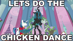 Size: 1920x1080 | Tagged: safe, edit, edited screencap, screencap, queen chrysalis, shining armor, changeling, changeling queen, a canterlot wedding, g4, chicken dance, cute, cutealis, female, image macro