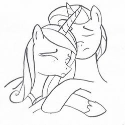 Size: 1024x1028 | Tagged: safe, artist:abigail m., night light, princess cadance, g4, crying, hug, lineart, monochrome