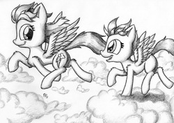 Size: 2271x1612 | Tagged: safe, artist:punk-pegasus, rainbow dash, scootaloo, g4, cloud, cloudy, monochrome, scootalove, traditional art