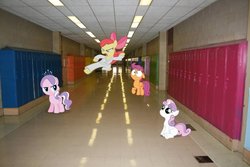 Size: 1095x730 | Tagged: safe, artist:dontae98, apple bloom, diamond tiara, scootaloo, sweetie belle, g4, irl, kick, photo, ponies in real life, school