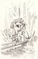 Size: 1490x2317 | Tagged: safe, artist:mcstalins, applejack, g4, bridge, female, monochrome, plank, solo, traditional art