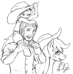 Size: 1478x1500 | Tagged: safe, artist:dj-black-n-white, applejack, oc, oc:anon, oc:cinnamon cider, human, satyr, g4, carrying, daughter, family, father, father's day, hat, husband, monochrome, mother, parent:applejack, riding, wife