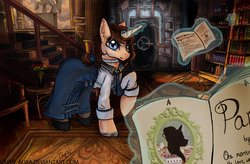 Size: 2480x1628 | Tagged: safe, artist:cappy-aura, pony, bioshock infinite, book, clothes, crossover, elizabeth, game, interior, library, magic, ponified, solo, stairs