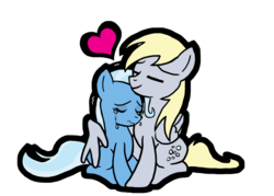 Size: 1280x914 | Tagged: safe, artist:outofworkderpy, derpy hooves, trixie, pegasus, pony, unicorn, g4, comforting, crying, duo, duo female, eyes closed, female, heart, lesbian, mare, outline, sad, shipping, simple background, sitting, transparent background, tripy, winghug
