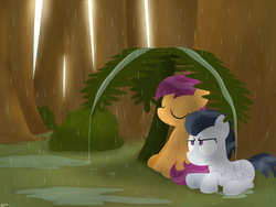 Size: 3200x2400 | Tagged: safe, artist:dtcx97, rumble, scootaloo, pegasus, g4, colt, eyes closed, female, filly, foal, male, rain, rumble is not amused, ship:rumbloo, shipping, straight, unamused, wet mane