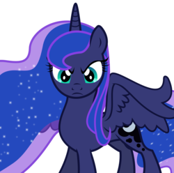 Size: 6500x6443 | Tagged: dead source, safe, artist:theshadowstone, princess luna, alicorn, pony, g4, absurd resolution, angry, blue, cyan eyes, death stare, ethereal mane, ethereal tail, female, frown, horn, looking at you, missing accessory, serious, serious face, show accurate, simple background, solo, sparkles, spread wings, staring at you, staring into your soul, transparent background, vector, wings