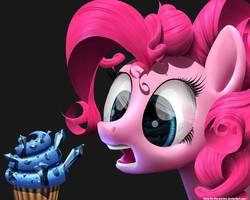 Size: 6000x4800 | Tagged: safe, artist:here-for-the-ponies, pinkie pie, g4, absurd resolution, black background, cupcake, female, food, gem, open mouth, sapphire, sapphire cupcake, simple background, solo