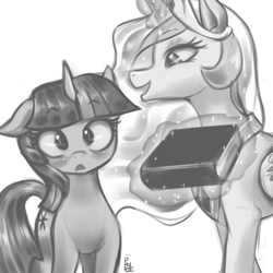 Size: 600x600 | Tagged: safe, artist:phurie, princess celestia, twilight sparkle, pony, g4, book, grayscale, magic, monochrome, telekinesis