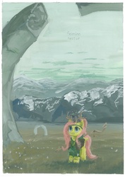 Size: 2340x3310 | Tagged: safe, artist:quiet-victories, fluttershy, rabbit, g4, clothes, female, gouache, painting, scenery, solo, traditional art
