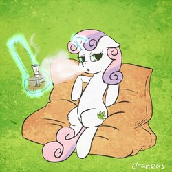 Size: 894x894 | Tagged: safe, artist:draneas, sweetie belle, pony, unicorn, g4, 30 minute art challenge, bong, cutie mark, dank sweetie, drugs, female, levitation, magic, marijuana, older, smokie belle, smoking, solo, sweetie belle's magic brings a great big smile, telekinesis