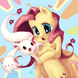 Size: 3000x3000 | Tagged: safe, artist:my-magic-dream, fluttershy, pegasus, pony, g4, crossover, incubator (species), kyubey, kyubeyshy, puella magi madoka magica, voice actor joke