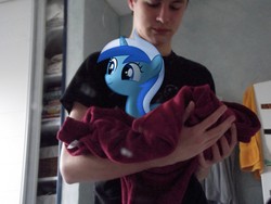 Size: 2048x1536 | Tagged: safe, artist:bastbrushie, minuette, human, pony, unicorn, g4, blanket, female, filly, holding a pony, irl, irl human, mare, photo, ponies in real life, vector