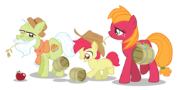 Size: 3937x1996 | Tagged: safe, artist:trotsworth, apple bloom, big macintosh, granny smith, earth pony, pony, g4, apple, applebuck, barrel, beard, clothes, colt, cowboy hat, facial hair, female, food, grampy smith, hat, macareina, male, mare, moustache, rule 63, scarf, simple background, stallion, stetson, straw in mouth, transparent background, trio