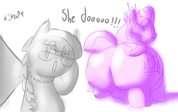 Size: 827x523 | Tagged: safe, artist:secretgoombaman12345, diamond tiara, silver spoon, earth pony, pony, ask chubby diamond, g4, butt, fat, glasses, impossibly large butt, plot, scrunchy face, tail, tail aside