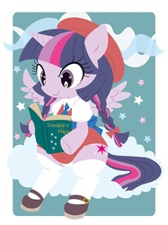 Size: 800x1067 | Tagged: safe, artist:nonananana, twilight sparkle, alicorn, pony, g4, alternate hairstyle, book, braid, braided pigtails, clothes, cute, female, hat, mare, mary janes, panties, pixiv, reading, schoolgirl, solo, stockings, twiabetes, twilight sparkle (alicorn), underwear