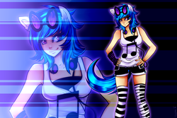 Size: 3000x2000 | Tagged: safe, artist:twigileia, dj pon-3, vinyl scratch, human, g4, clothes, eared humanization, female, humanized, solo, tailed humanization, thigh highs