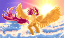 Size: 5000x3000 | Tagged: safe, artist:artention, scootaloo, pegasus, pony, g4, cloud, female, flying, large wings, lens flare, scootaloo can fly, signature, sky, solo, spread wings, sun, wings