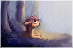 Size: 1208x802 | Tagged: dead source, safe, artist:nayshie, scootaloo, g4, female, rain, scootalone, solo