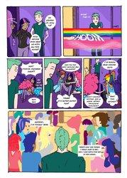 Size: 756x1057 | Tagged: safe, artist:demdoodles, bon bon, derpy hooves, lyra heartstrings, pinkie pie, rainbow dash, rarity, spike, sweetie drops, twilight sparkle, comic:measurements, g4, comic, female, humanized, male, party, ship:sparity, shipping, straight