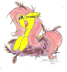 Size: 1056x1128 | Tagged: safe, artist:kibastar521, fluttershy, g4, female, nest, sleepy, solo, yawn