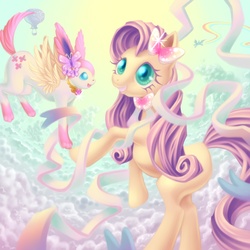 Size: 1024x1024 | Tagged: safe, artist:yoru, fluttershy, rainbow dash, earth pony, pony, sylveon, g4, accessory swap, balloon, cloud, cloudy, crossover, feature swap, hot air balloon, pixiv, pokémon, pokémon x and y, race swap, rainbow, twinkling balloon