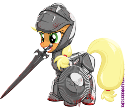 Size: 800x690 | Tagged: safe, artist:endlessnostalgia, applejack, pony, armor, bioware, blood, dragon age, fantasy class, female, knight, mouth hold, pony age, simple background, solo, sword, transparent background, warrior, weapon