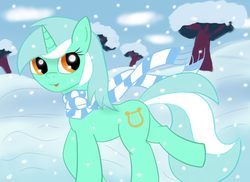 Size: 5500x4000 | Tagged: dead source, safe, artist:breezethepony, lyra heartstrings, pony, unicorn, g4, absurd resolution, clothes, female, scarf, smiling, snow, snowfall, solo, tongue out, winter