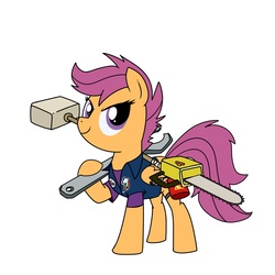 Size: 1500x1500 | Tagged: safe, artist:madmax, scootaloo, pony, g4, blowtorch, chainsaw, clothes, dead rising, dead rising 3, female, hammer, parody, rainbow dash's cutie mark, sledgehammer, solo, wrench