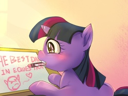 Size: 800x600 | Tagged: safe, artist:bakki, twilight sparkle, g4, blushing, crayon, cute, drawing, father's day, female, filly, heart, heartwarming, mouth hold, smiling, solo, twiabetes