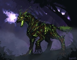Size: 1440x1120 | Tagged: safe, artist:eosphorite, timber wolf, badass, bioluminescent, forest, glowing, leaf, night, open mouth, outdoors, quadrupedal, raised leg, sharp teeth, signature, solo, standing, teeth