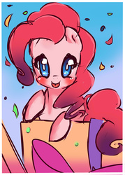 Size: 1500x2100 | Tagged: safe, artist:netamenta, pinkie pie, g4, :p, blushing, confetti, cute, diapinkes, female, looking at you, present, solo, tongue out