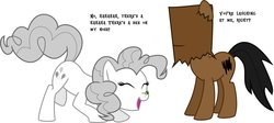 Size: 1335x599 | Tagged: safe, artist:lisa400, oc, oc:albino pie, bee, earth pony, pony, ask-albino-pie, bag on head, duo, eyes closed, laughing, paper bag, simple background, smiling, tumblr, uglypony, vector, white background