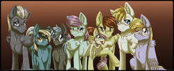 Size: 1280x520 | Tagged: safe, artist:inuhoshi-to-darkpen, alula, cloud kicker, pluto, oc, oc:nimbus gust, oc:star kicker, oc:storm kicker, oc:tornado kicker, oc:typhoon season, oc:wind kicker, pegasus, pony, fanfic:the life and times of a winning pony, winningverse, g4, family photo, pegasus oc