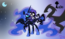 Size: 1500x912 | Tagged: safe, artist:lordyanyu, nightmare moon, g4, chibi, crossover, raven (dc comics), teen titans