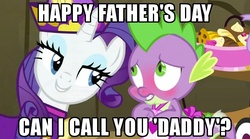 Size: 631x351 | Tagged: safe, edit, edited screencap, screencap, rarity, spike, dragon, pony, unicorn, dragon quest, g4, apron, bedroom eyes, blushing, caption, clothes, father's day, female, hub logo, image macro, male, mare, meme, naked apron, rarity's bad pickup lines, ship:sparity, shipping, straight