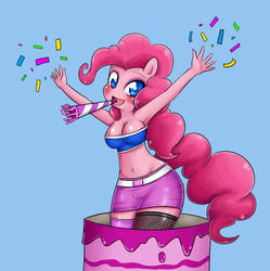 Size: 1273x1280 | Tagged: safe, artist:basketgardevoir, pinkie pie, earth pony, anthro, g4, ambiguous facial structure, armpits, belly button, belly piercing, bellyring, breasts, busty pinkie pie, cake, cleavage, clothes, female, fishnet stockings, midriff, miniskirt, noisemaker, piercing, popping out of a cake, skirt, socks, solo, thigh highs, tube top