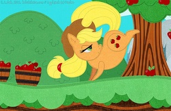 Size: 877x568 | Tagged: safe, artist:kabukikatze, applejack, g4, apple, applebucking, female, solo, tree