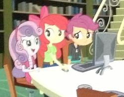 Size: 555x435 | Tagged: safe, apple bloom, scootaloo, sweetie belle, equestria girls, g4, my little pony equestria girls, book, bookshelf, computer, computer mouse, cutie mark crusaders, library, school, stairs, table
