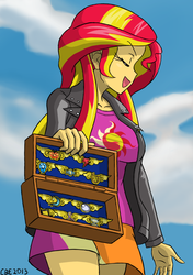 Size: 1000x1417 | Tagged: safe, artist:crimsonbugeye, sunset shimmer, equestria girls, g4, badge, clothes, cloud, elements of harmony, eyes closed, female, gary motherfucking oak, gary oak, jacket, open mouth, parody, pokémon, shirt, skirt, sky, solo, sunset motherfucking shimmer