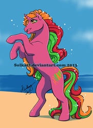 Size: 544x751 | Tagged: safe, artist:solkatt, hula hula, sail away, pony, unicorn, g1, 2013, beach, eyeshadow, female, horn, makeup, mare, obtrusive watermark, rearing, signature, solo, tropical ponies, watermark