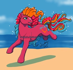 Size: 827x794 | Tagged: safe, artist:solkatt, piña colada (g1), earth pony, pony, g1, beach, eyeshadow, female, galloping, looking back, makeup, mare, open mouth, open smile, smiling, solo, tropical ponies, turned head