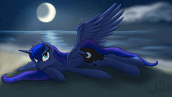 Size: 1600x900 | Tagged: safe, artist:rulsis, princess luna, alicorn, pony, g4, beach, bedroom eyes, both cutie marks, ethereal mane, female, full moon, mare, moon, night, solo, starry mane, sultry pose