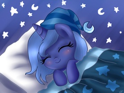 Size: 4544x3444 | Tagged: safe, artist:pridark, princess luna, pony, absurd resolution, cute, female, filly, hat, hnnng, lunabetes, nightcap, pridark is trying to murder us, sleeping, smiling, solo, weapons-grade cute, woona