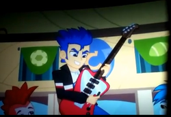 Size: 395x272 | Tagged: safe, screencap, crimson napalm, flash sentry, thunderbass, human, equestria girls, g4, my little pony equestria girls, background character, background human, clothes, electric guitar, guitar, helping twilight win the crown, jacket, male, mohawk, musical instrument, pants, shirt, solo focus