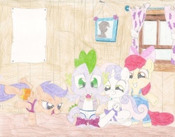 Size: 1011x790 | Tagged: safe, artist:wjmmovieman, apple bloom, scootaloo, spike, sweetie belle, earth pony, pegasus, pony, g4, assisted exposure, bipedal, briefs, clothes, cutie mark crusaders, female, filly, foal, humiliation, pantsing, prank, spikey-whities, tighty whities, traditional art, underwear, undressing